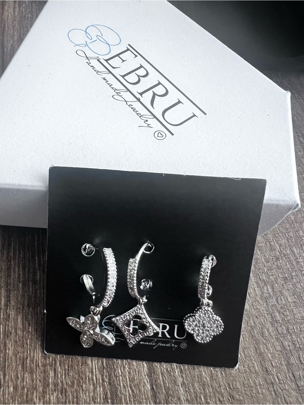 Silver Cubic Zirconia Hoop Earrings with Three Interchangeable Charms - Silver